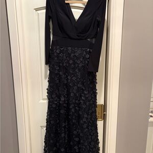 Xscape Black Long-Sleeve V-Neck Dress with 3D Floral Skirt